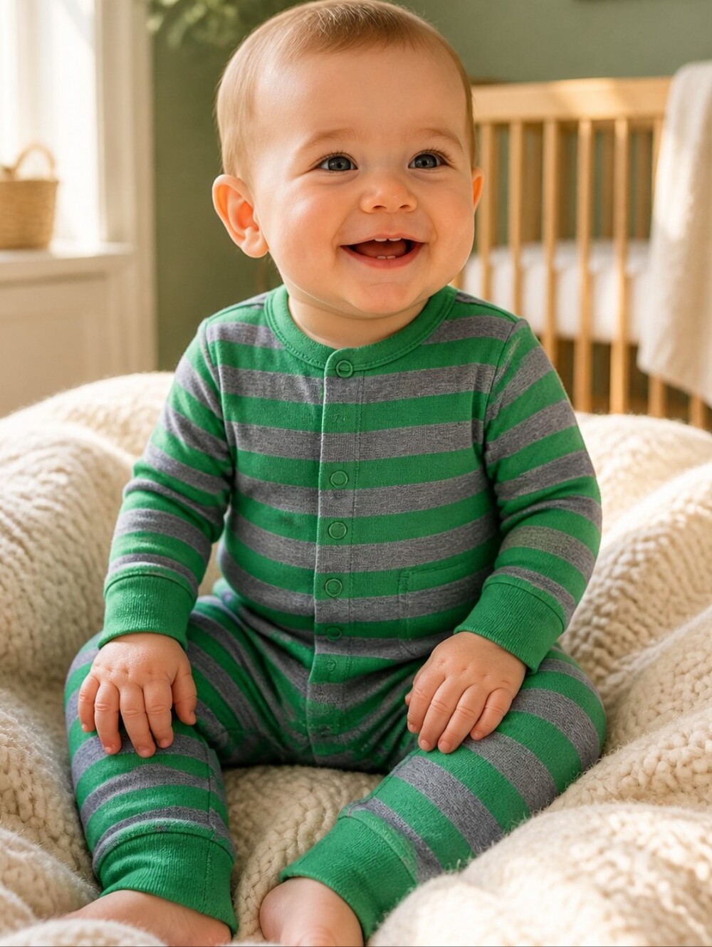 Mini Boden Green Gray Stripe Thermal Romper 12 18M One Piece Jumpsuit Baby Boy